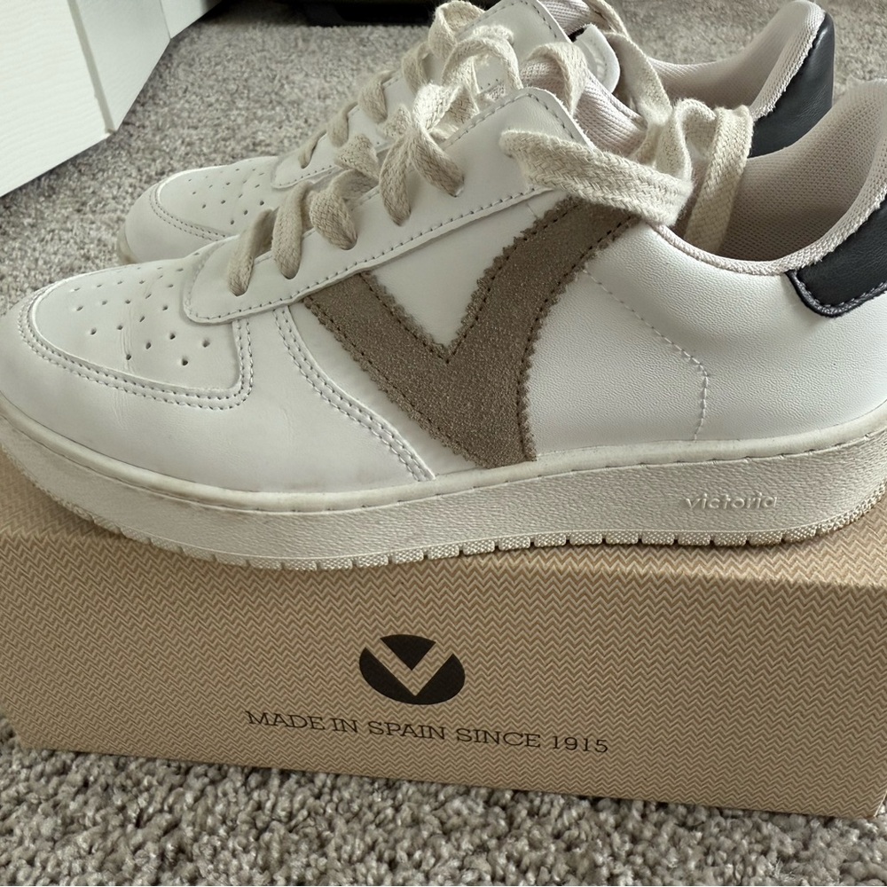Victoria Emerson White and Tan Sneakers